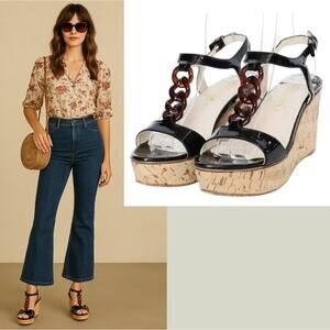 Prada 10 Chain Link Platform Cork Wedges Patent Leather T-Strap Sandals Black 40